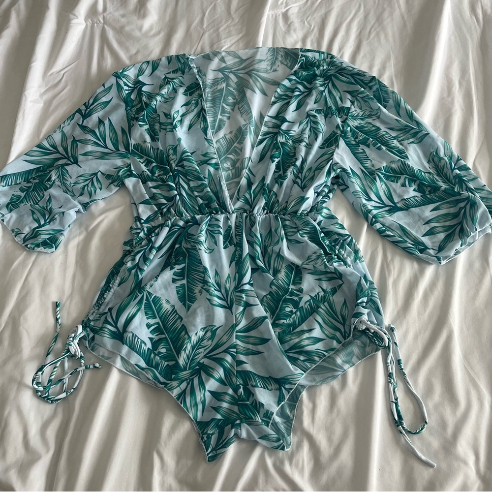 Palm Leaf Green White See Through Shorts Romper Bathing Suit Swim Cover Up M/L